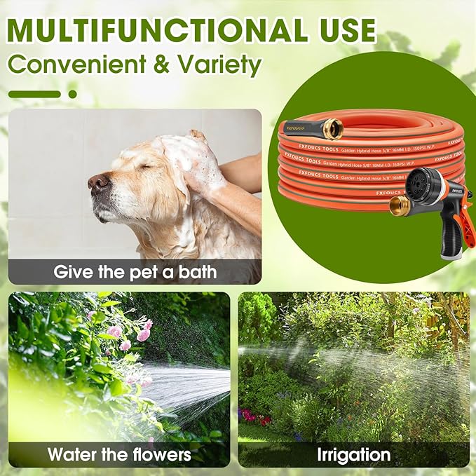 Heavy Duty Garden Hose – 5/8 Inch Flexible, Lightweight Hybrid Hose with 600 PSI Burst Pressure, Swivel Handle, and Durable Copper Male/Female Fittings (Orange with hose sprayer, 50FT)