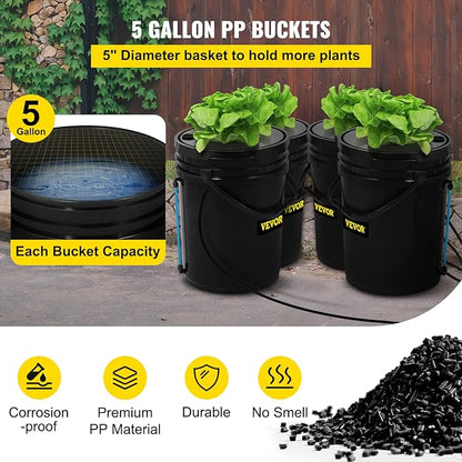 VEVOR DWC Hydroponic System, 5 Gallon 4 Buckets, Deep Water Culture Growing Bucket, Hydroponics Grow Kit with Pump, Air Stone and Water Level Device, for Indoor/Outdoor Leafy Vegetables