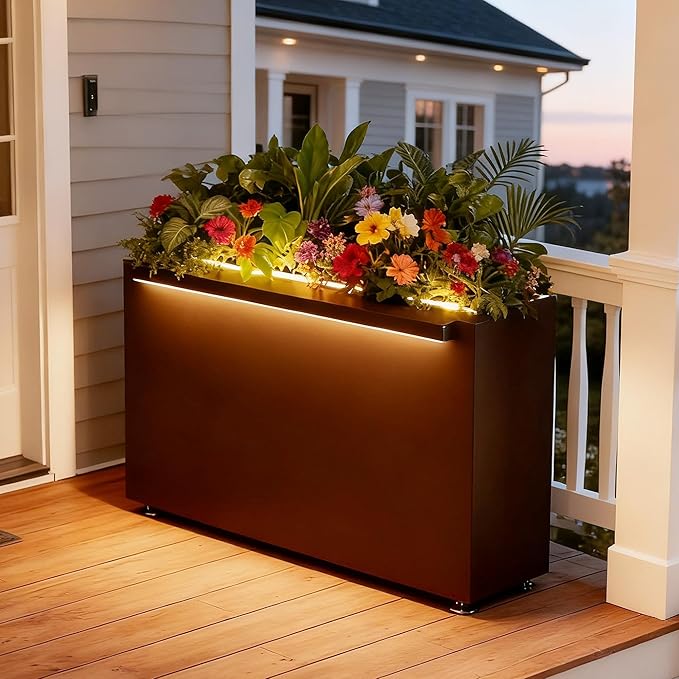 GSK 30" L Black LED Metal Planter Rectangle Flower Box Light Strips ×2 Galvanized Trough Indoor Rectangular Outdoor Patio Terrace Balcony Garden Plant with Drainage Holes & Insert