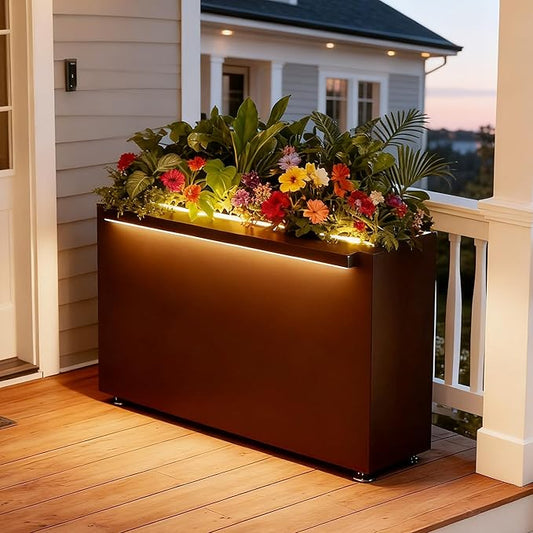 GSK 30" L Black LED Metal Planter Rectangle Flower Box Light Strips ×2 Galvanized Trough Indoor Rectangular Outdoor Patio Terrace Balcony Garden Plant with Drainage Holes & Insert