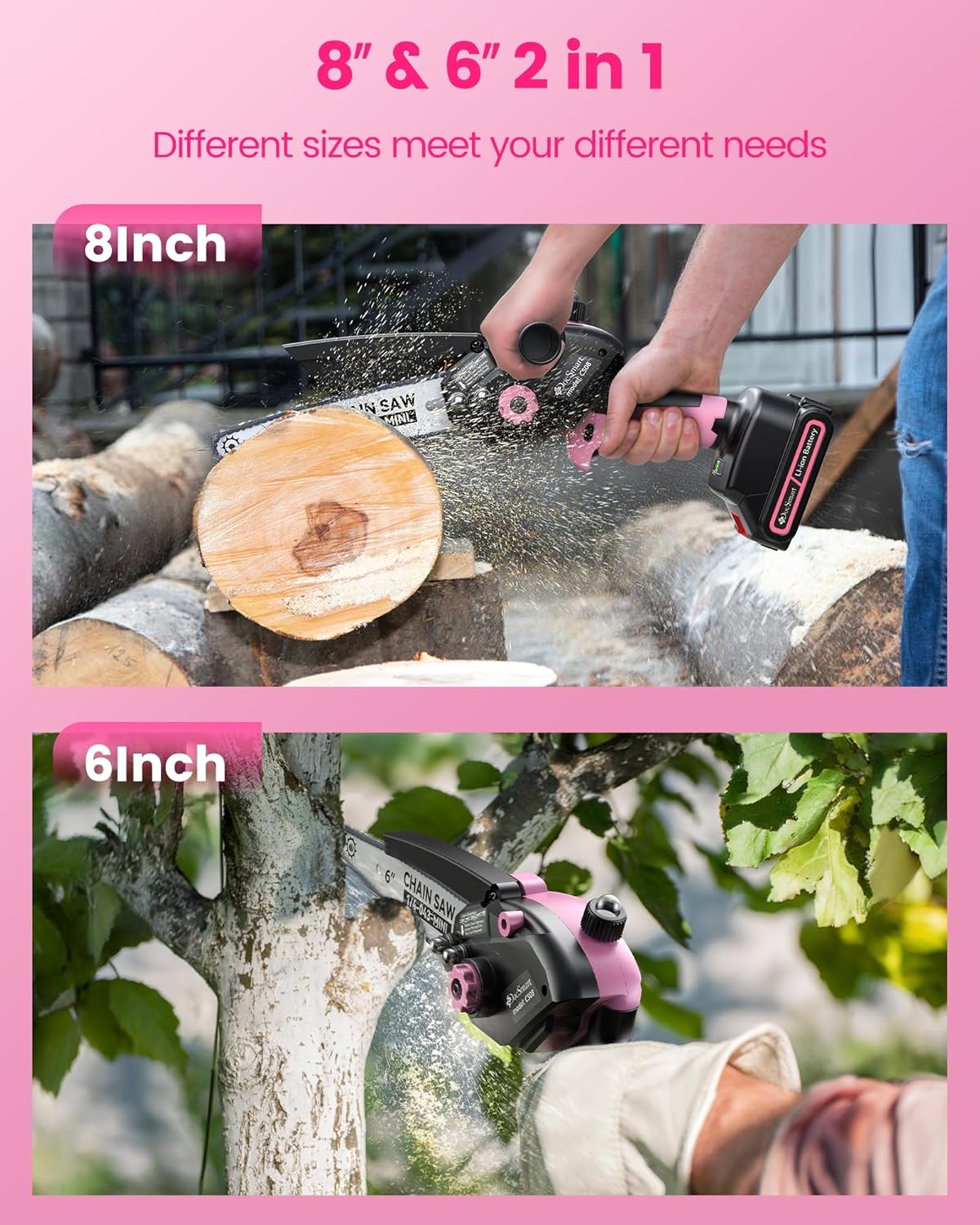 Mini Chainsaw Cordless, 8 inch & 6 inch Electric Chain Saw with 2 Pack Rechargeable Batteries, Battery Powered Handheld Saw Men Gifts for Trees Branches Trimming Wood Cutting, Pink