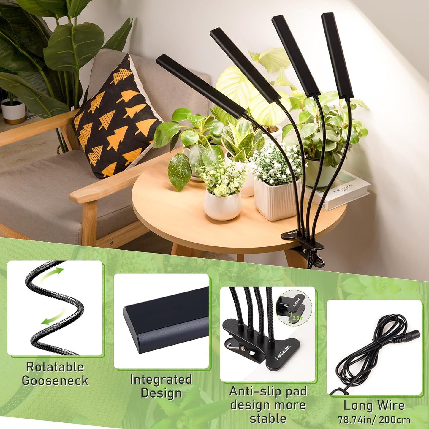 FOXGARDEN Grow Lights Full Spectrum, Four-Head Plant Lights for Indoor Growing with Flexible Gooseneck, 208 LEDs Clip Grow Lamp with 4/8/12H Timer, 4 Brightness Levels, Ideal for Indoor Growth