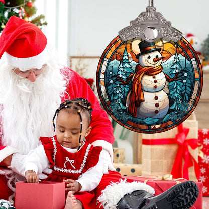 Pine Tree Forest Christmas Snowman Stained Glass Ornament, Holiday Decor for Xmas