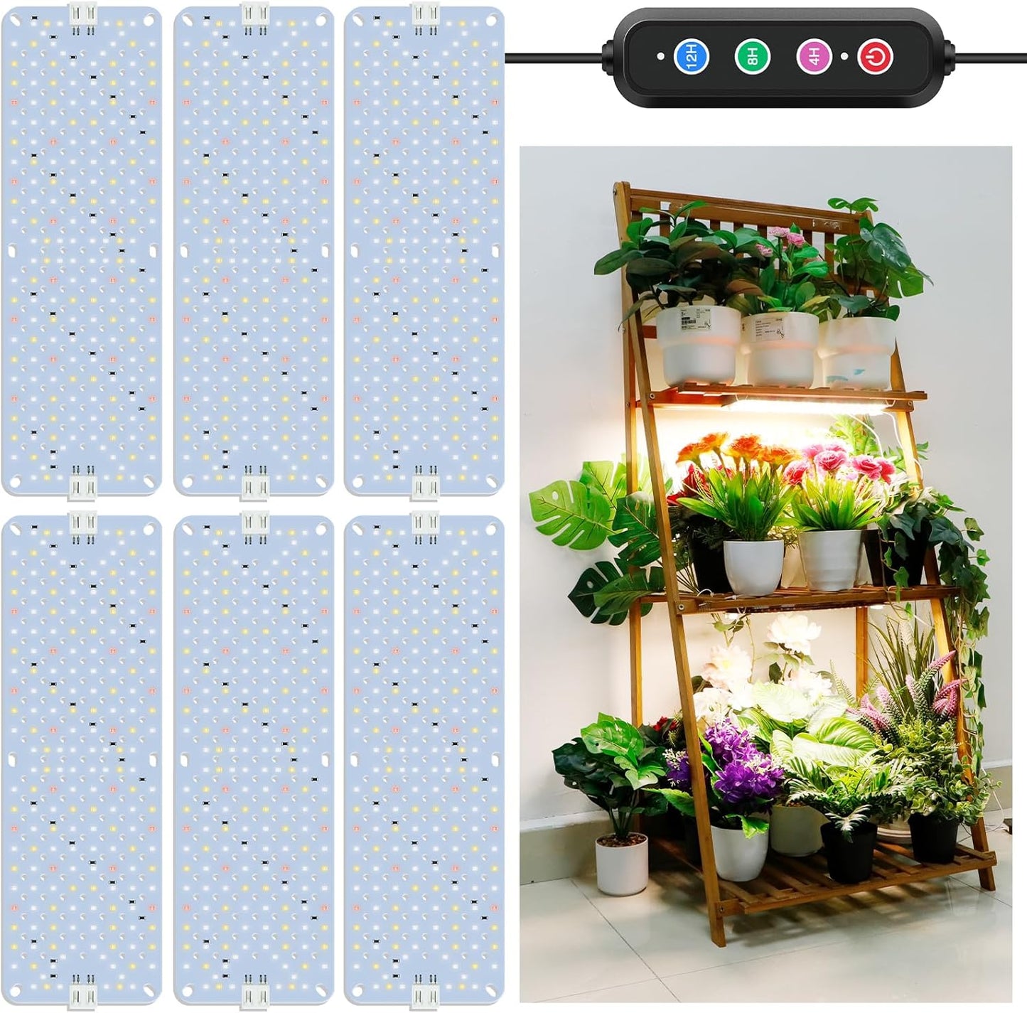 60W Ultra-Thin Panel Full Spectrum Grow Lights, 1152 LEDs Growing Light for Indoor Plants with Daisy Chain Function, Grow Lights for Seed Starting with 4/8/12H Auto On/Off Timer (6pcs)