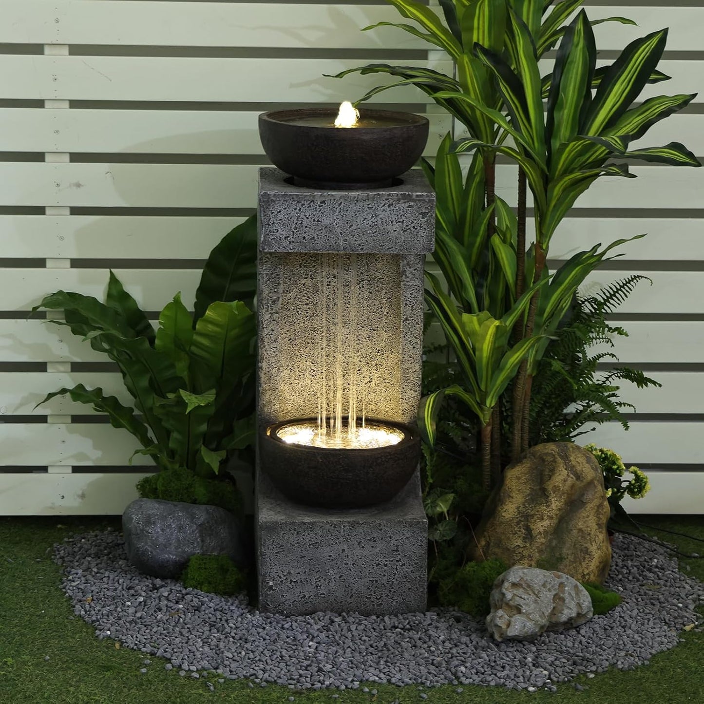 Waterfall Fountain Outdoor Garden Decor for Patio, Backyard, Deck, Porch and Home Art Decor, Outdoor Fountains and Waterfalls with Lights and Pebbles