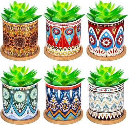 Zopeal 6 Pcs 3 Inch Succulent Pots Succulent Planters Cylinder Ceramic Pots Mandala Multicolor Cactus Pot with Drainage Holes and Bamboo Trays for Indoor Plants Flowers Garden Decoration (Core)