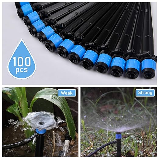 Kalolary 100PCS Irrigation Drippers Drip Emitters, Micro Spray Adjustable 360 Degree Full Circle Pattern Water Flow Bubbler Sprinkler Fits 1/4 (4-6mm) Irrigation Tubing for Garden Irrigation(Blue)