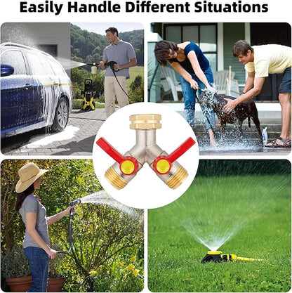 full flow Garden Hose Splitter, 3/4”GHT Inlet Brass Heavy Duty High Flow Hose Splitter 2-Way Full Flow, Hose Y-Valve Faucet Adapter, Runner and Large Outlet with Extended Handle.