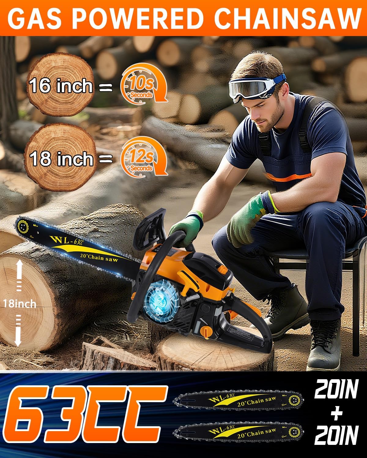 63cc Gas Powered Chainsaw, 3.2KW/3.2HP 2-Cycle Engine, 20-Inch Guide Bar, Professional Power Saw with CDI Ignition, Automatic Oiler & Anti-Vibration System for Heavy-Duty Use