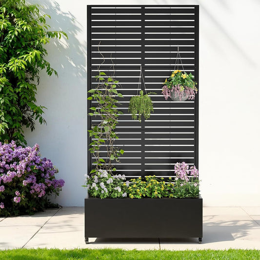 Metal Raised Garden Bed with Trellis & Wheels,72" x 35"x 15.7" Planter Box with Trellis,Privacy Planters for Patio,Garden Bed for Climbing Plants,Suitable for Climbing Plants and Vegetables,Black