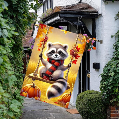 Thanksgiving Fall Garden Flag 12x18 Inch Welcome Raccoon Outdoor Flag Double Sided Autumn Yard Banner with Swing Pumpkins and Leaves for Porch Lawn Patio Seasonal Decor