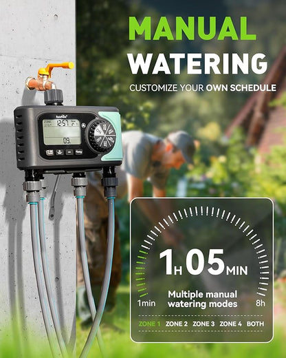 RAINPOINT Sprinkler Timer, 4 Outlets Hose Timers, 4 Zone Water Timer for Watering with Rain Delay/Manual/Automatic Timed Irrigation Controller System for Lawn