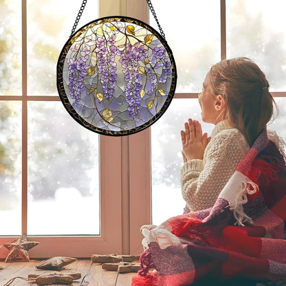 Stained Glass Window Hanging - Wisteria Flower Golden Leaves Sun Catcher for Door Home Decor Plant Suncatcher Christmas Mother's Day Birthday Gifts for Women Men Lovers Mom Nana 11.8 in