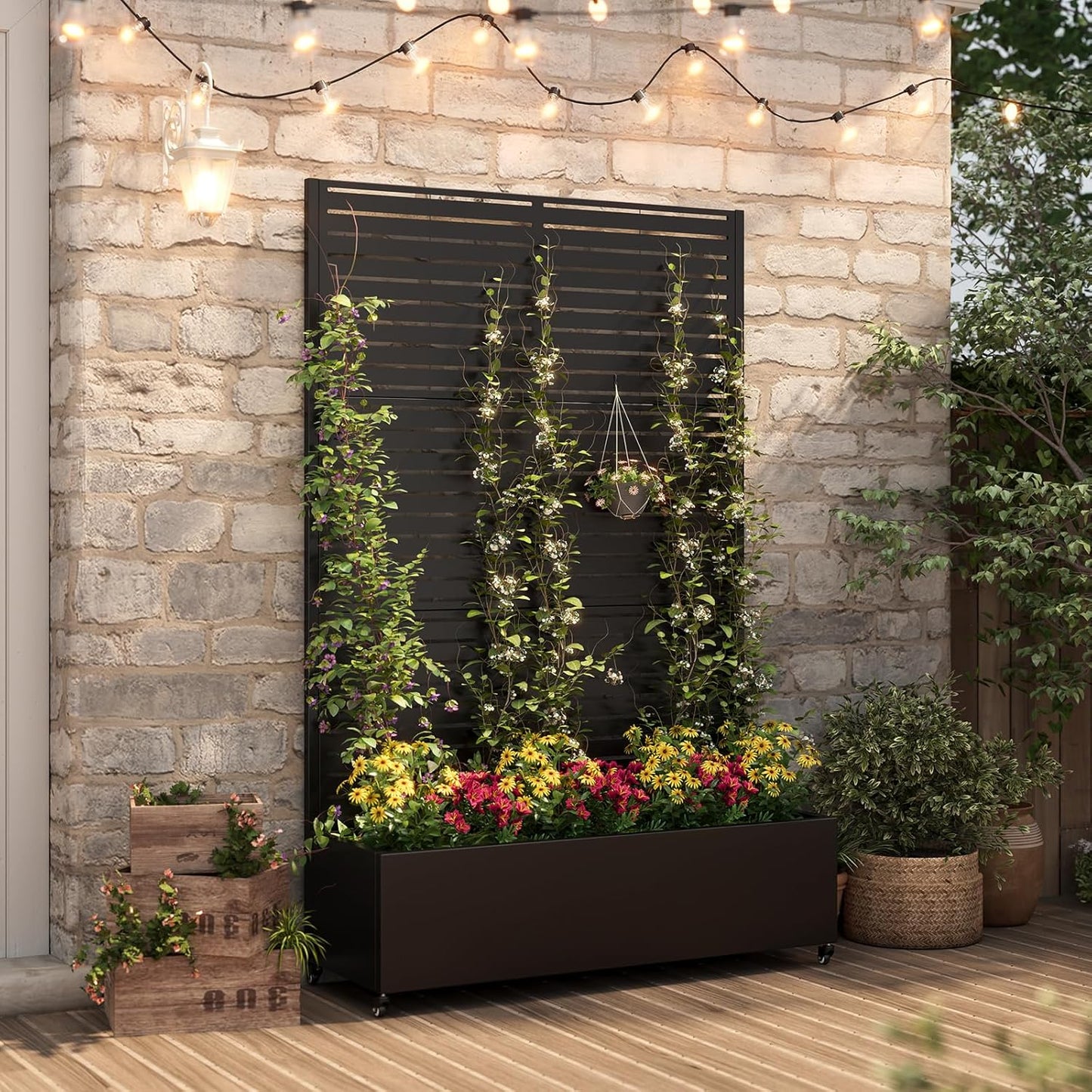 Metal Raised Garden Bed with Trellis & Wheels,72" x 47"x 15.7" Planter Box with Trellis,Privacy Planters for Patio,Garden Bed for Climbing Plants,Suitable for Climbing Plants and Vegetables,Black