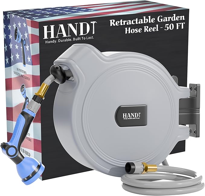 USA Based Retractable Garden Hose Reel, 1/2 in x 50 ft Quick Connect 10-Pattern Sprayer, Wall Mounted Auto Self Retracting Water Hose Reels, UV Resistant Automatic Rewind 180° Mount | Gray
