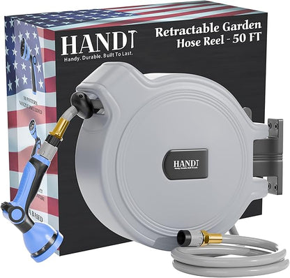 USA Based Retractable Garden Hose Reel, 1/2 in x 50 ft Quick Connect 10-Pattern Sprayer, Wall Mounted Auto Self Retracting Water Hose Reels, UV Resistant Automatic Rewind 180° Mount | Gray