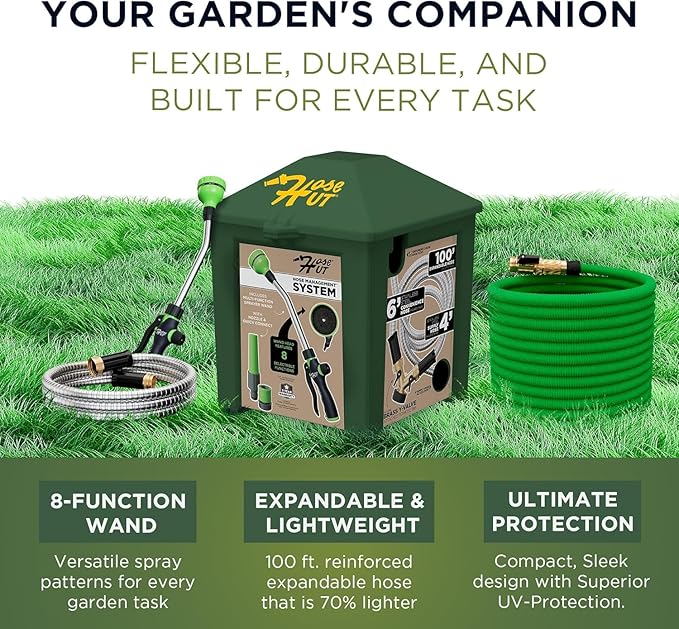 Garden Hose Holder System - Garden Hose Reel Alternative, Perfect for Outdoor Hose Storage - All-in-One Water Hose Holder for Outside - With 3 Hoses & Accessories (Green - Lite Lawn & Garden)