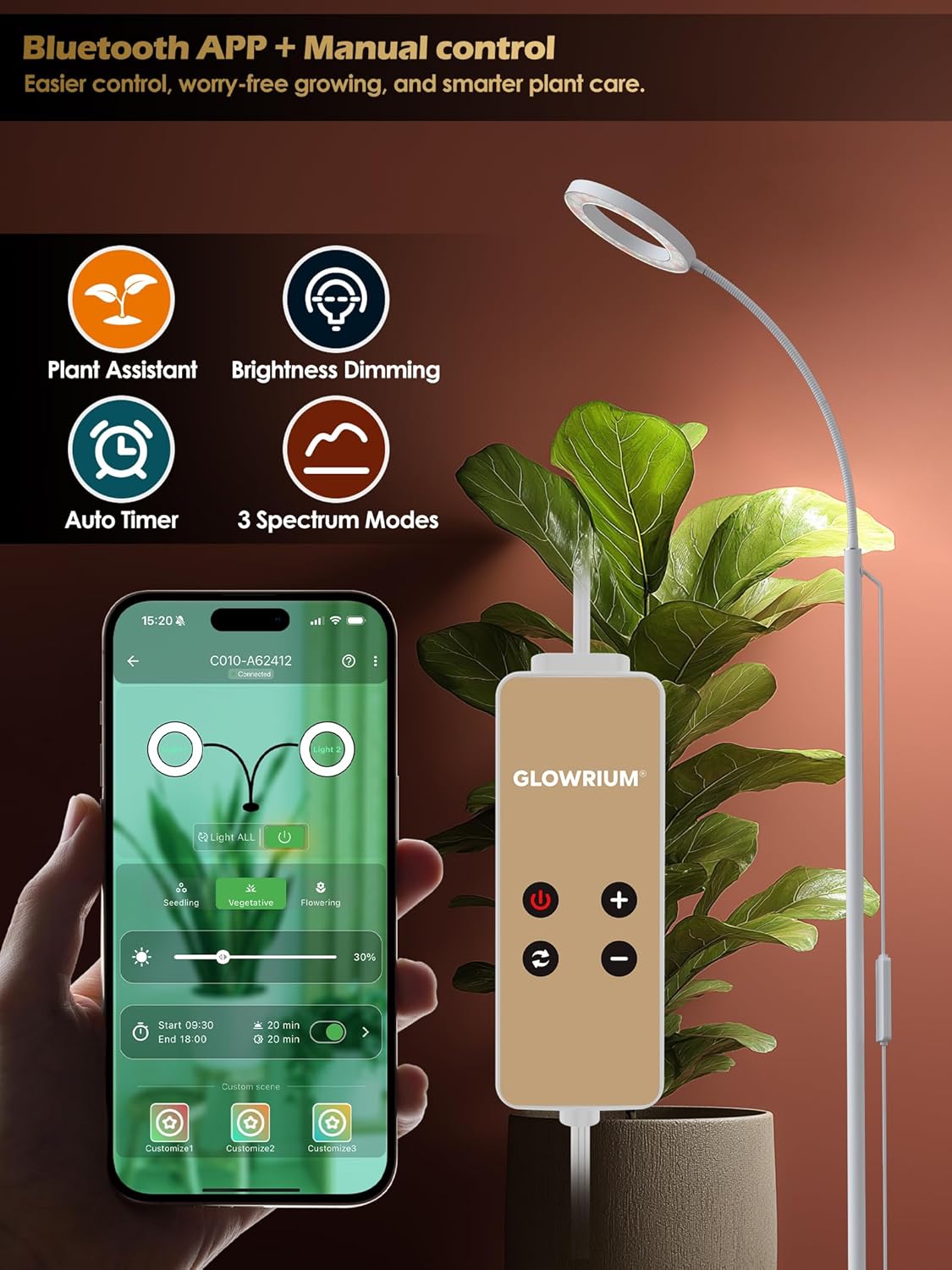 GLOWRIUM Smart Grow Lights for Indoor Plants with Auto Timer, Full Spectrum LED Floor Plant Light for 3 Spectrum Modes,6 Dimmable Levels,63inch Adjustable Height for Large Plants (White, 20W)