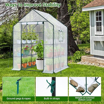 Ohuhu Greenhouse for Outdoors: 3 Tiers 12 Shelves Walk-in Indoor Green House Heavy Duty Plant Stands Reinforced Plastic PE Cover Mini Portable Warm House for Outside, 4.8x2.5x6.4 FT