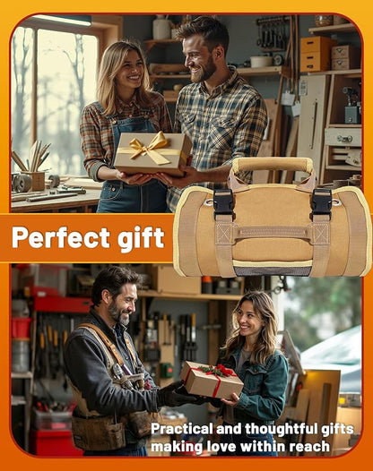 QcoQce Heavy Duty Oxford Tool Roll, Waterproof Durable Tool Bag with 6 Pockets, Tool Organizer for Garage, Vehicle Maintenance, Home Repairs, Portable Roll Up Tool Bag Gift for Men