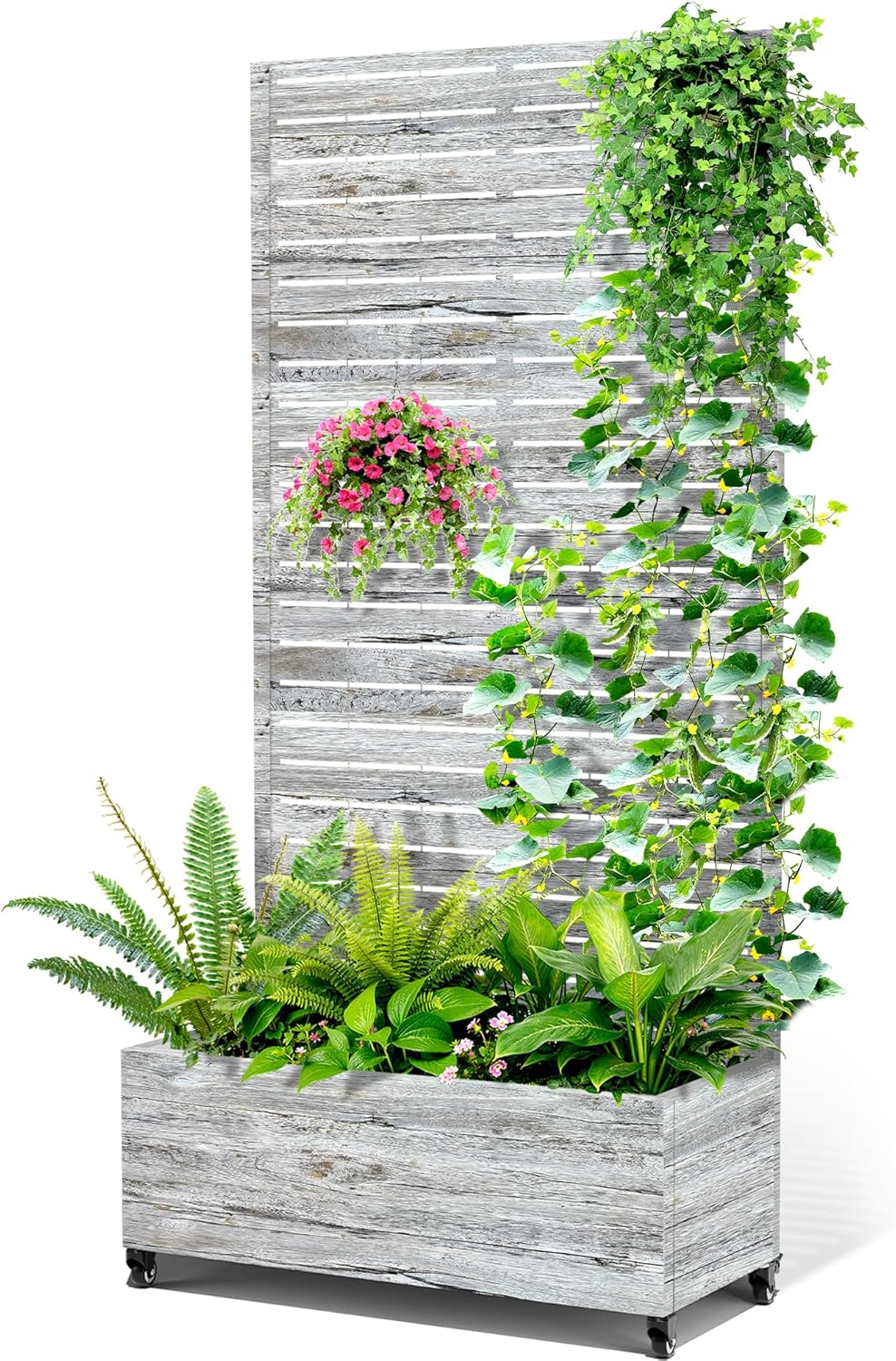 Metal Raised Garden Bed with Trellis, 2-in-1 Planter Box & Privacy Screen for Climbing Plants, Outdoor Standing Flower Bed with Drainage Holes, 35.4" L x 15.7" W x 70.1" H, White Oak Grain