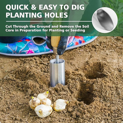 Berry&Bird Bulb Planter Tool, 12" Garden Bulb Transplanter Tool, Stainless Steel Manual Hole Digger with Wooden Handle, Transplanting Agricultural Dibble Tool for Seed Planting & Flower Planter