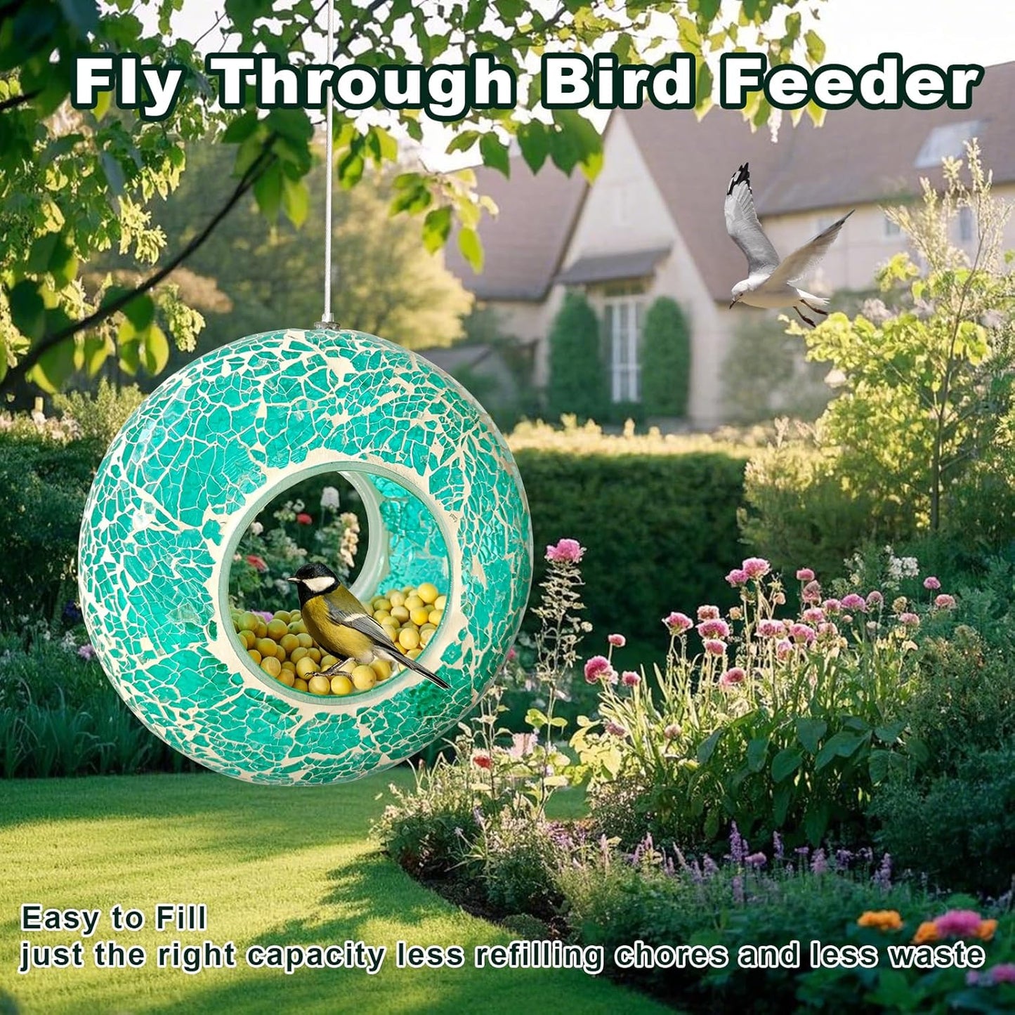 Mosaic Bird Feeder, Outside Hanging with Round Shape Glass BirdFeeders to Attract More Wild Birds, Mosaic Fly Through for Garden, Yard, Backyard, Deck and Porch Decor, Blue 7-Inch