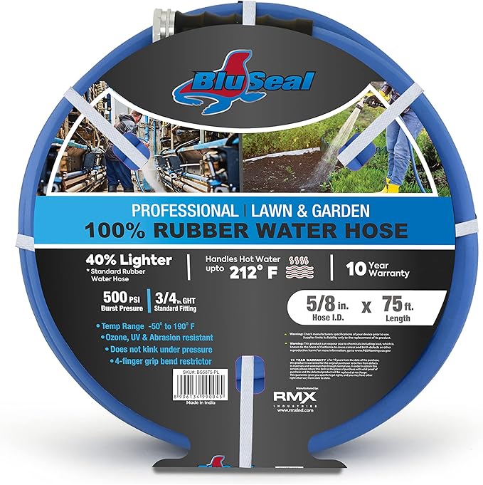 BluSeal Hot/Cold Water Rubber Garden Hose, 100% Rubber, Ultra-Light, Super Strong, 500 PSI, 50F to 190F Degrees, High Strength Polyester Braided (5/8" x 75')