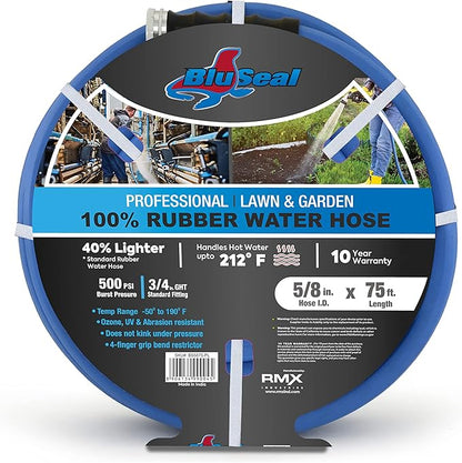 BluSeal Hot/Cold Water Rubber Garden Hose, 100% Rubber, Ultra-Light, Super Strong, 500 PSI, 50F to 190F Degrees, High Strength Polyester Braided (5/8" x 75')
