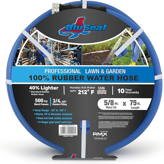 BluSeal Hot/Cold Water Rubber Garden Hose, 100% Rubber, Ultra-Light, Super Strong, 500 PSI, 50F to 190F Degrees, High Strength Polyester Braided (5/8" x 75')