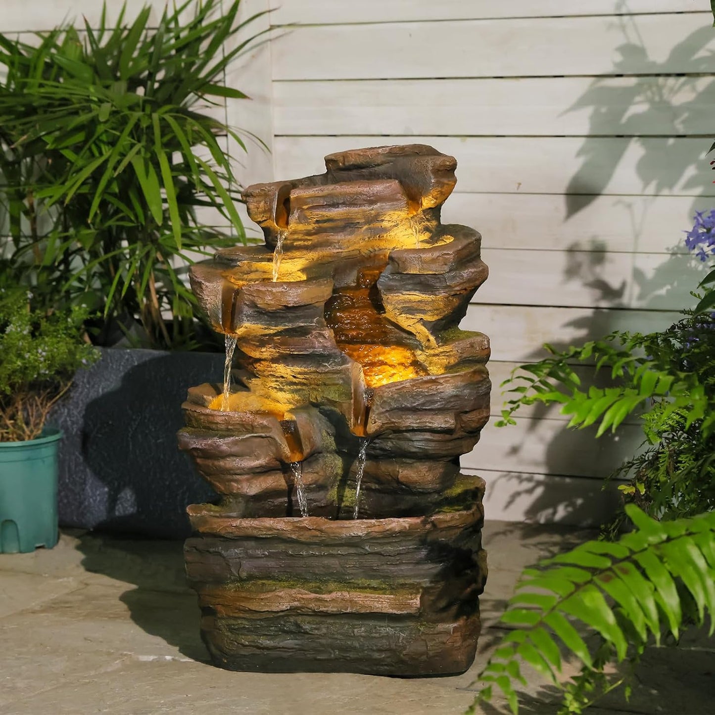 24.2" H 6-Tier Outdoor Water Fountain, Features Rock Garden Waterfall Fountains with Warm Lights, Floor-Standing for Patio, Backyard, Deck, Porch, Home Décor, Brown