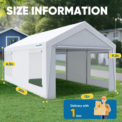 Quictent 12x20 ft Heavy Duty Carport Canopy Galvanized Car Tent Outdoor Garage Boat Shelter with Reinforced Structure with Roll-up Ventilated Windows Sidewall - White