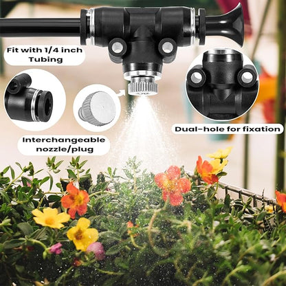48 Pcs Brass Misting Nozzles Kit,0.012 Orifice (0.3 mm) 10/24 UNC Mister Nozzles 1/4 Inch Sliding Lock Tees for Outdoor Cooling System 20 Misting Tees,20 Spray Nozzles,4 Brass Plugs,4 Black Plugs