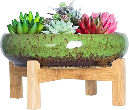 ARTKETTY Succulent Pot, 10 Inch Large Succulent Planter Pot with Stand, Ceramic Bonsai Pot with Mess Drainage Screen Shallow Cactus Flower Pot for Indoor/Outdoor Plants