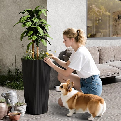 23.6" Tall Planters for Outdoor Plants,Large Outdoor Planters for Front Porch Decor with Drainage Hole, Flower Pots Fits Indoor Plants Patio/Garden, Plastic Striped Black (2 Pack)