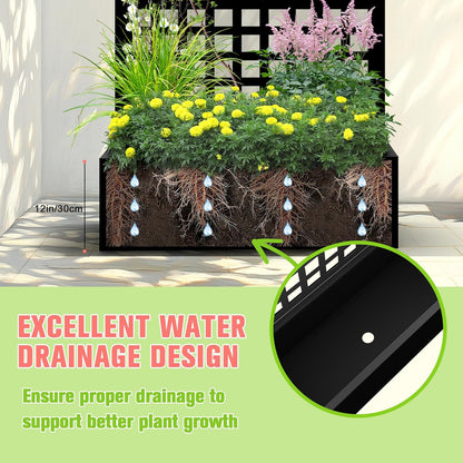 Metal Planter Box with Trellis, Raised Garder Bed with Drainage Hole, Outdoor Privacy Screen & Trellis for Climbing Plants, Plant Stands, 35''L×17''W×71''H, Black