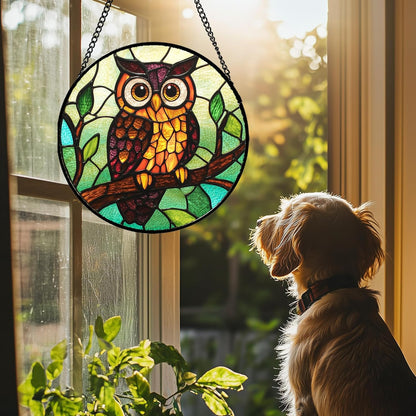 Stained Glass Window Hanging - Owl on a Branch Suncatcher for Doors Window Home Orange Brown Sun Catchers Decor Christmas Mother's Day Birthday Gifts for Teacher Women Men Mom Nana 6.3 in