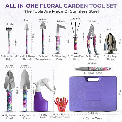 Gardening Tools Set – 12-Piece Garden Tool Set with Rust-Resistant Stainless Steel Hand Tools, Heavy Duty Folding Shovel & Floral Handles, Durable Carry Case, Perfect Gardening Kit Gift for Women