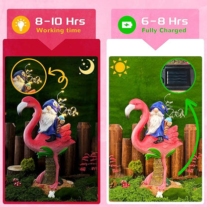 Funny Flamingo Gnome Solar Garden Statue with LED Light - Outdoor Yard Lawn Patio Decor - Great Birthday Housewarming Gift for Women, Mom, Grandma