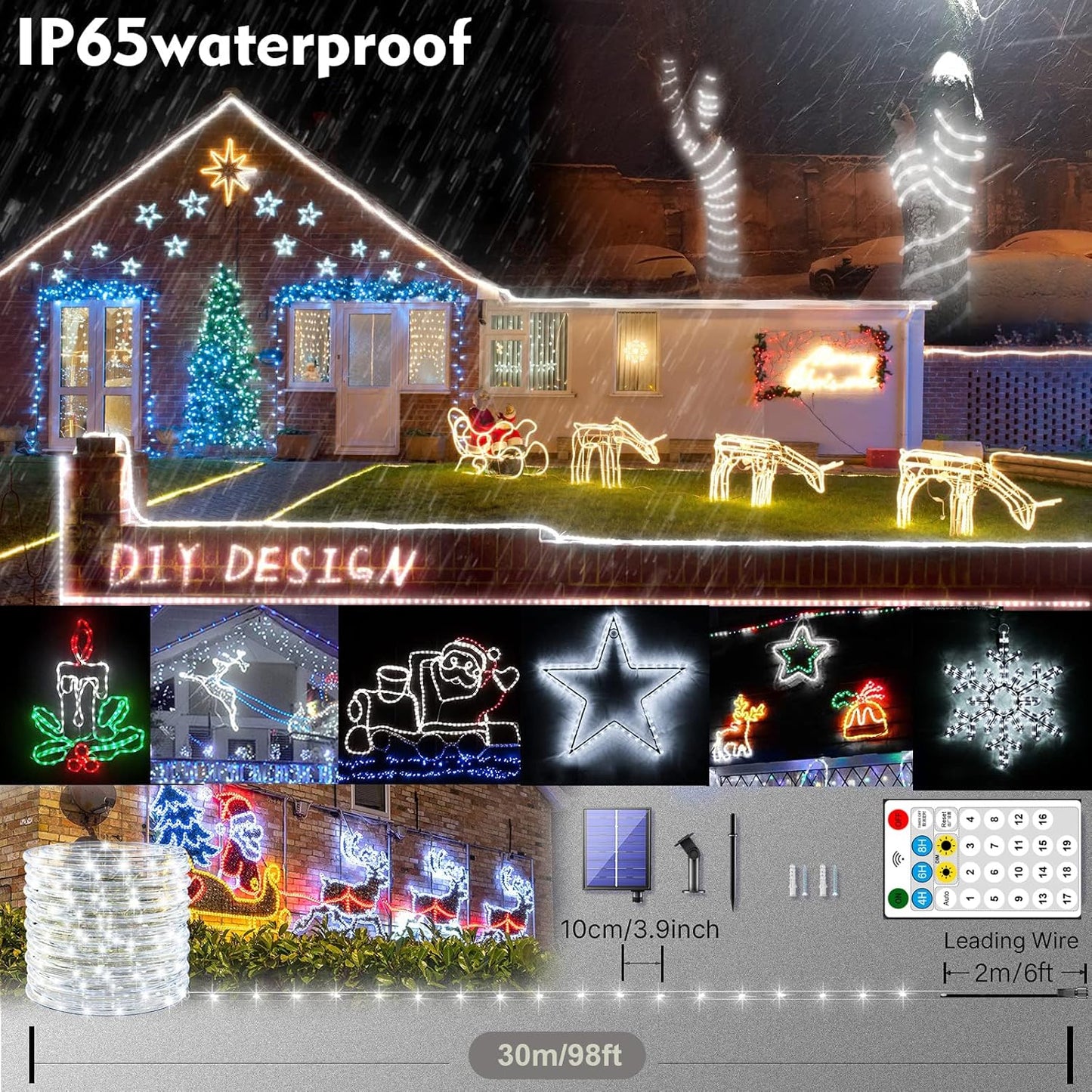 New Upgraded Solar Rope Lights Outdoor Waterproof 105ft 300 LED Solar String Lights with Remote Timing Dimmable 19 Modes Garden Lights for Camping Pathway RV Camp Christmas Decoration (300LED-White)
