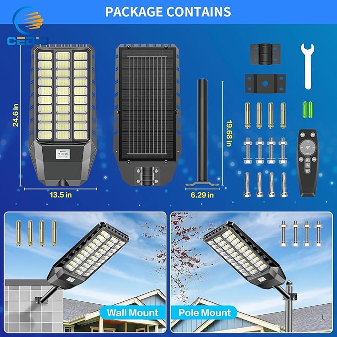 CEDIO Outdoor Solar Street Lights, Solar Lights IP66 Waterproof LED Street Light Dusk to Dawn, Flood Light with Motion Sensor for Yard (8500W-1PACK)