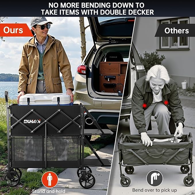 Double Decker Wagon 320L Large Capacity 400LBS Collapsible Sports Utility Cart with Big Wheels,Double Extended Tailgate Heavy Duty Folding Wagon Cart for Groceries,Camping,Beach,Garden,Outdoor