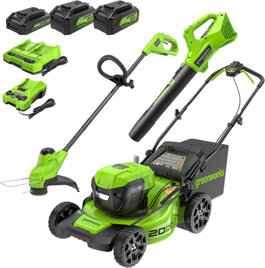 Greenworks 48V (2x24V) Electric Lawn Mower Combo Kit: 20"Steel Deck Push Mower, 12" String Trimmer, 320 CFM Blower, 3 Batteries & 2 Chargers, 3-Year Warranty.