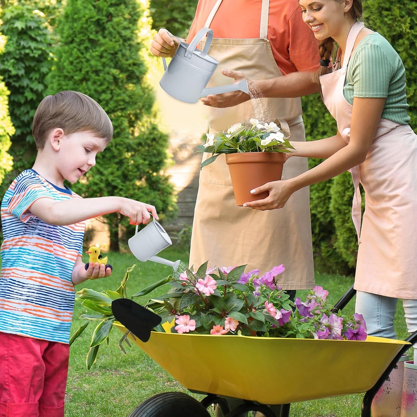 Small Metal Watering Can Set, Pink, 1.2L and 0.23L Garden Cans with Long Spout, Indoor Outdoor Plant Care (White)
