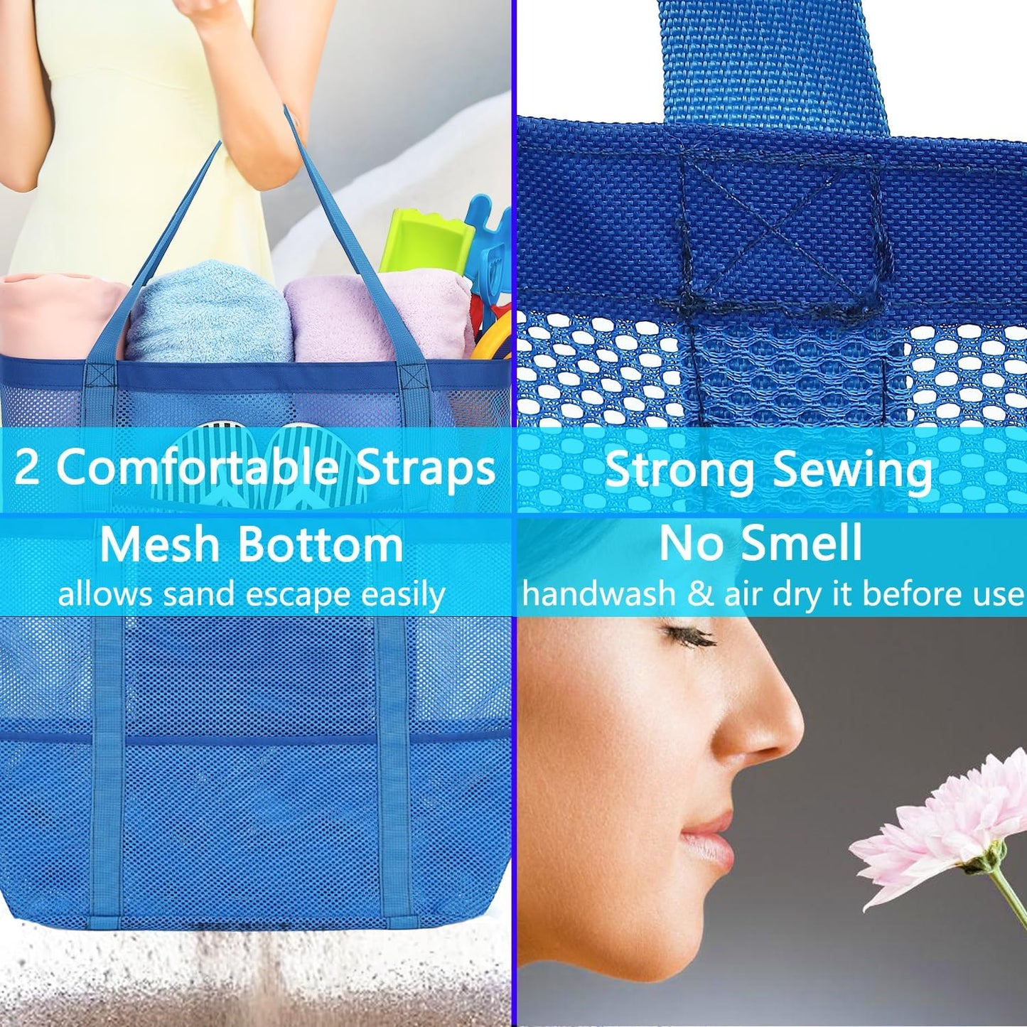 Mesh Beach Bag, Large Beach Tote with Zipper Pocket for Family Pool Bag for Toys & Vacation Essentials