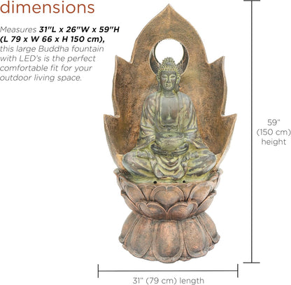 Alpine Corporation TZL420 59" Outdoor Buddha Fountain with LED Lights, Elegant Water Feature for Garden, Patio, Yard & Outdoor Spaces, Realistic Stone Look, Calming Waterfall for Relaxation, Brown