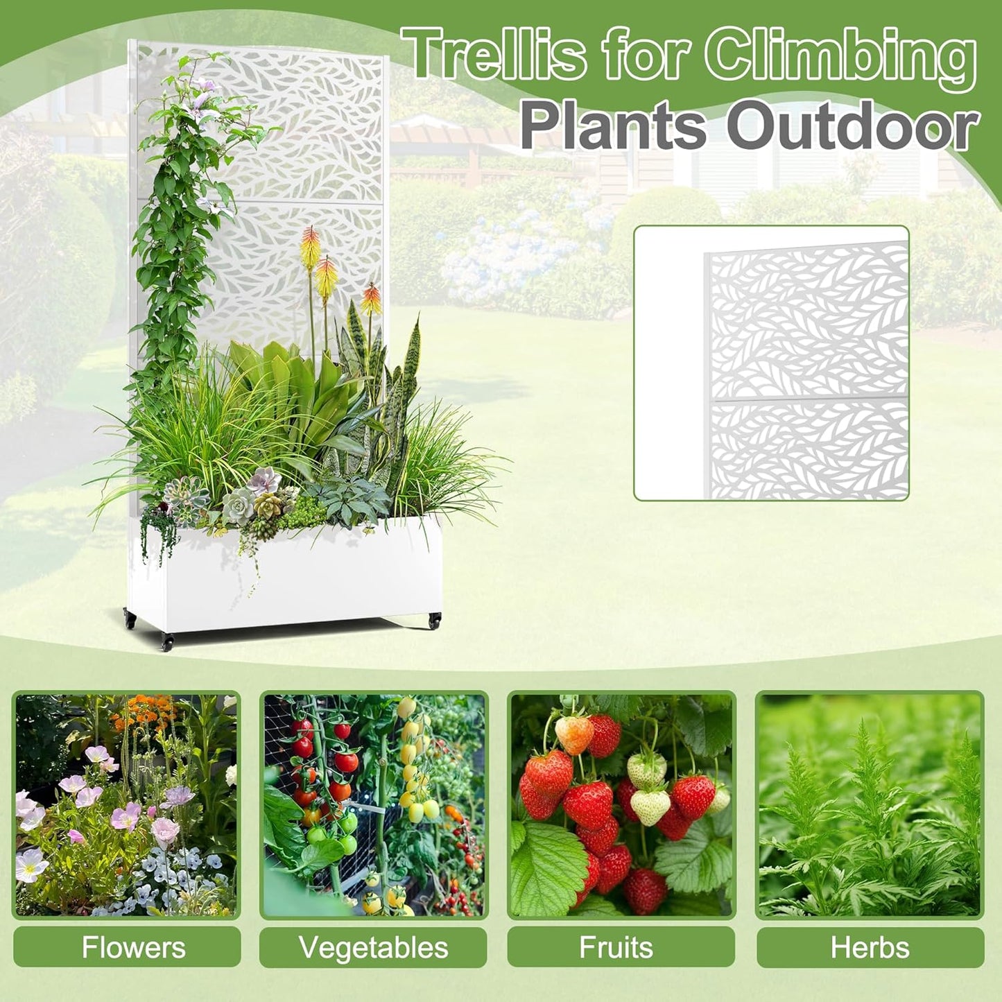 Raised Garden Bed with Trellis and Wheels,73"x35"x16" Metal Raised Garden Bed,White Flowing Leaf Metal Planter with Climbing Trellis for Vines & Vegetables