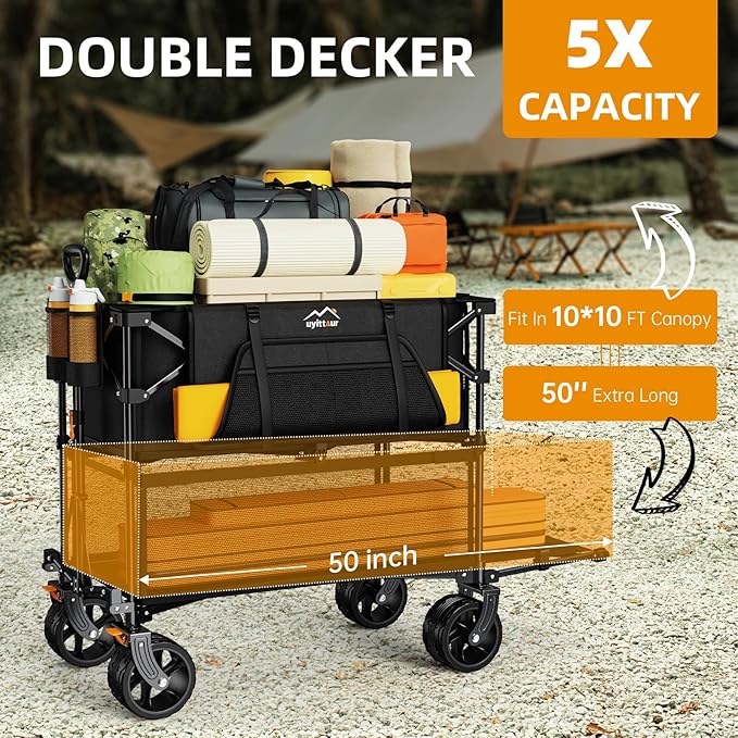 Foldable 50''L Extra Long Double Decker Wagon for Sport, 400L Collapsible Heavy Duty Wagon Cart with Big Wheels, Utility All-Terrain Large Extender Cart for Outdoors