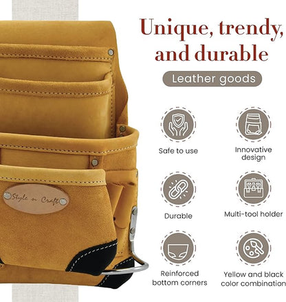 Style n Craft 10-Pocket Carpenter’s Nail & Tool Pouch, Heavy-Duty Leather Tool Pouch, Perfect and Durable Full-Grain Leather Pouch, Yellow with Black Leather Corners (#93923)
