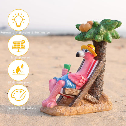 Pink Flamingos for Yard-Solar Garden Statues Gifts - Flamingos on Beach Vacation Light up Coconut Tree for Outdoor Lawn Yard Decor
